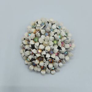 Vtg Signed Kramer Enamel AB Rhinestone Faux Pearl Flower Cluster Brooch White OS